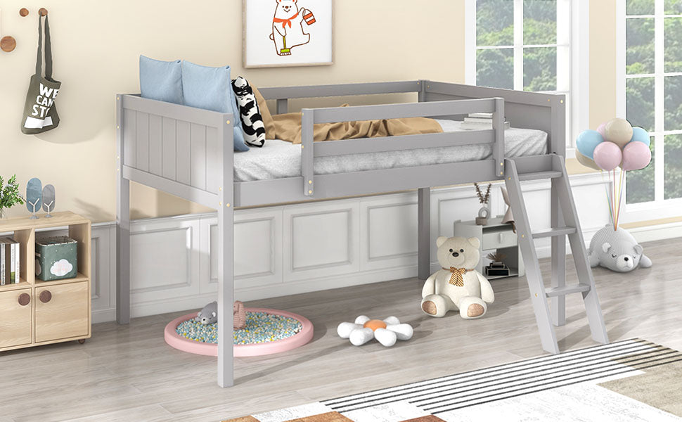 Twin Size Wood Low Loft Bed with Ladder