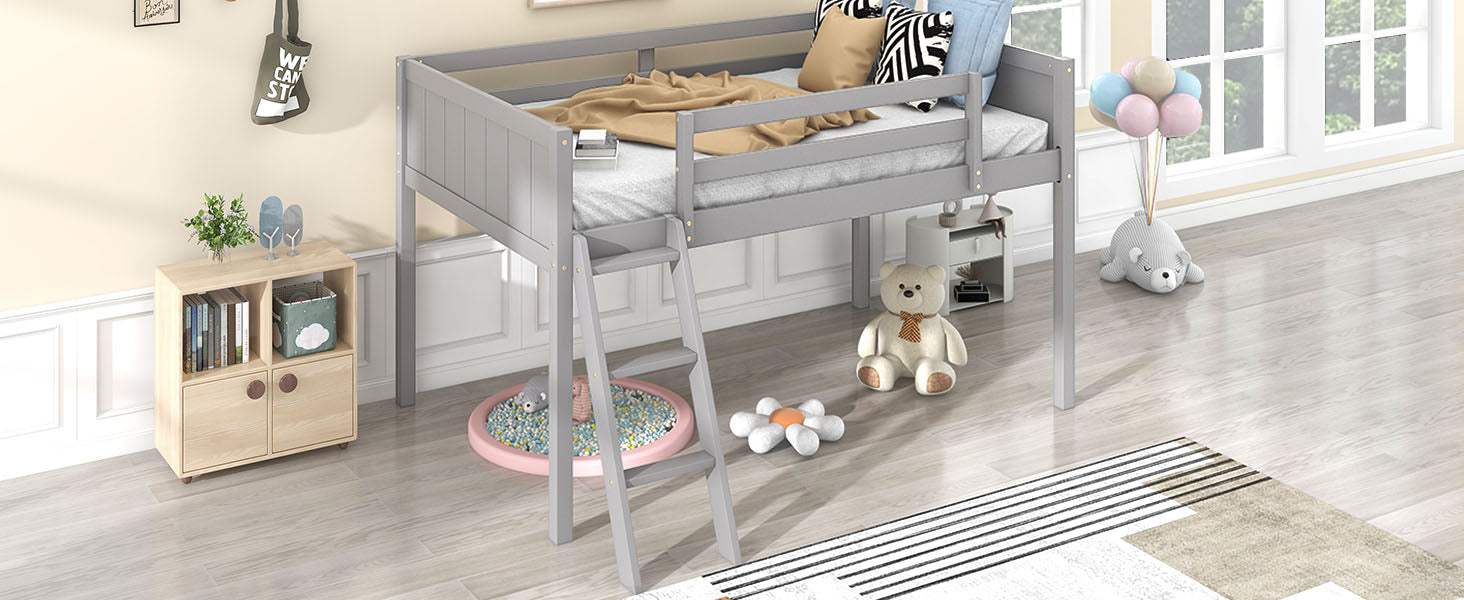 Twin Size Wood Low Loft Bed with Ladder