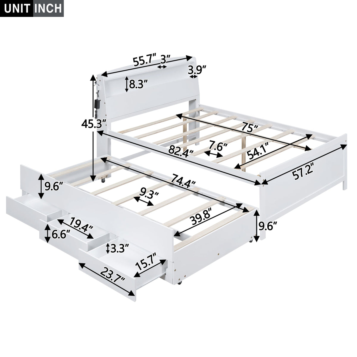 Full Size Platform Bed with Storage LED Headboard, Twin Size Trundle and 3 Drawers