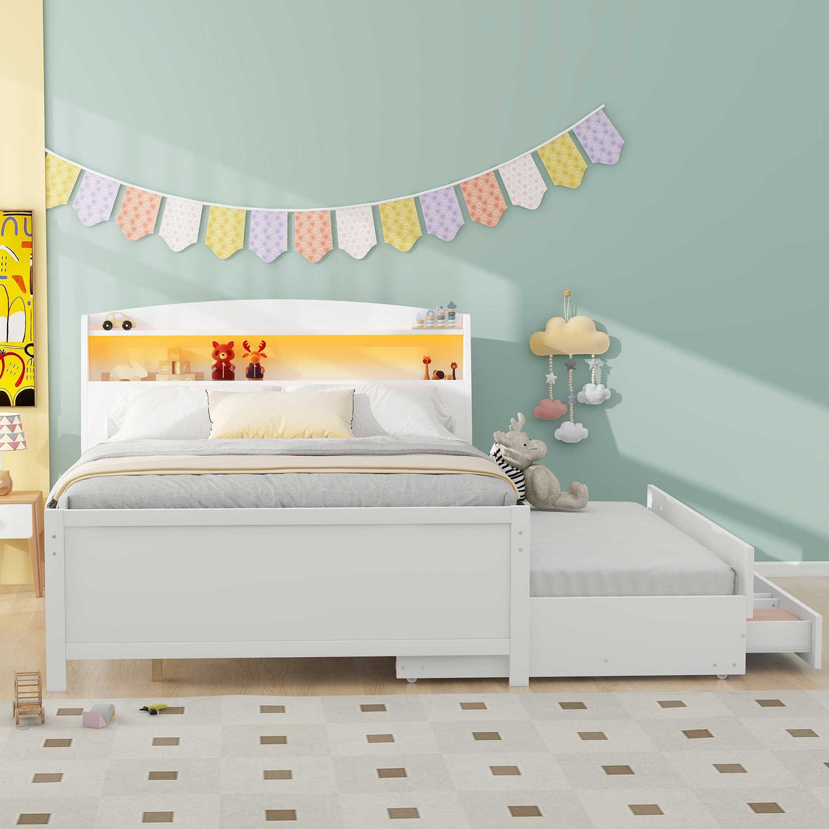 Full Size Platform Bed with Storage LED Headboard, Twin Size Trundle and 3 Drawers