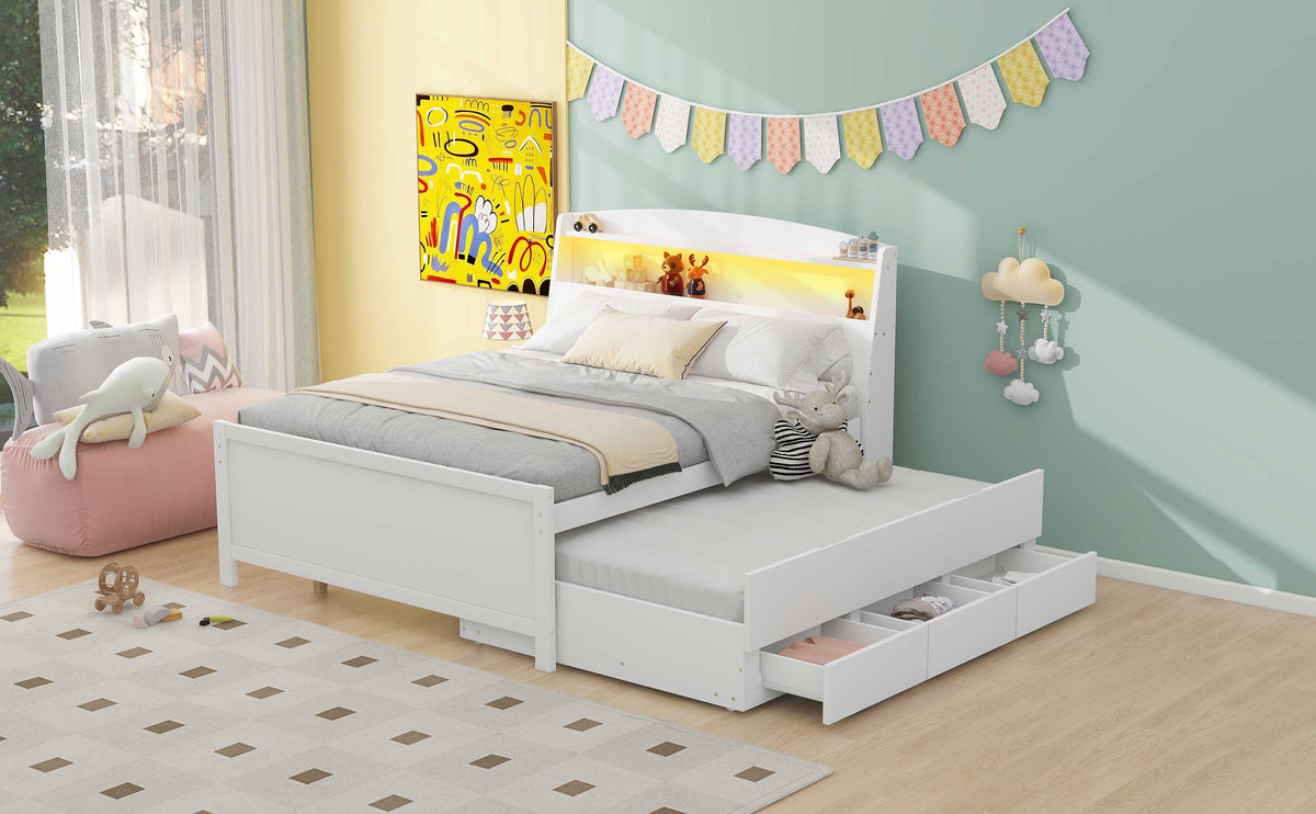 Full Size Platform Bed with Storage LED Headboard, Twin Size Trundle and 3 Drawers