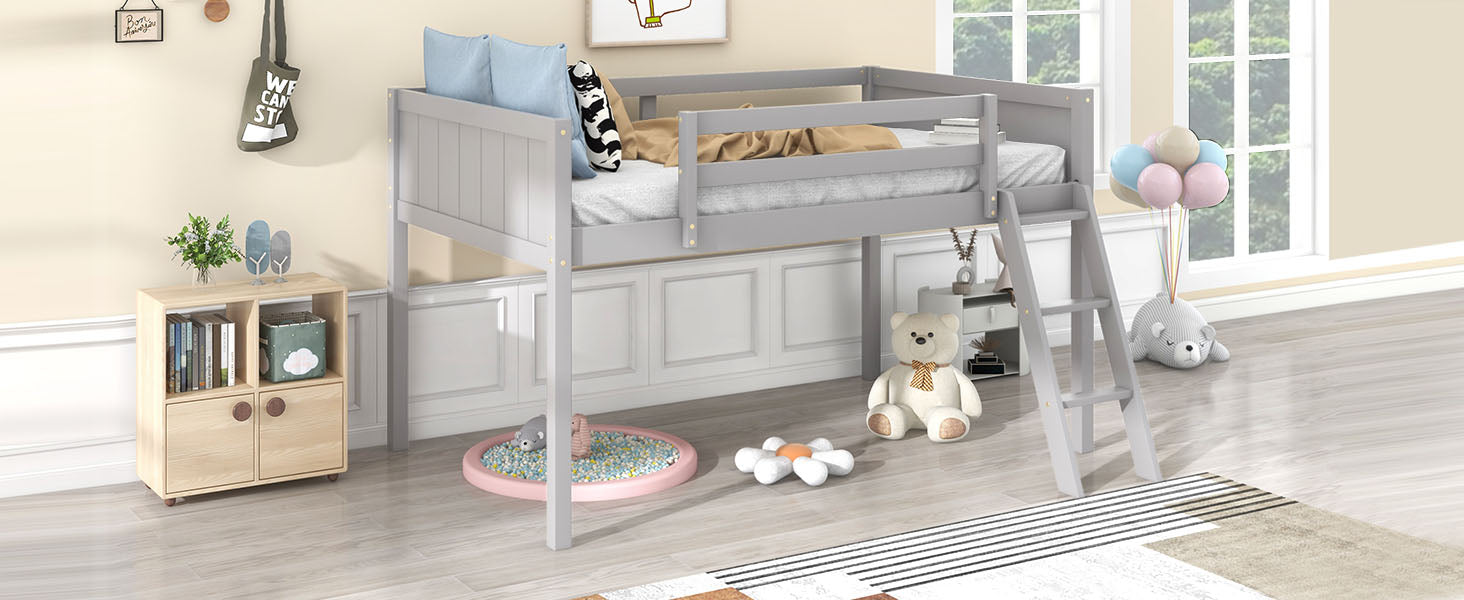 Twin Size Wood Low Loft Bed with Ladder