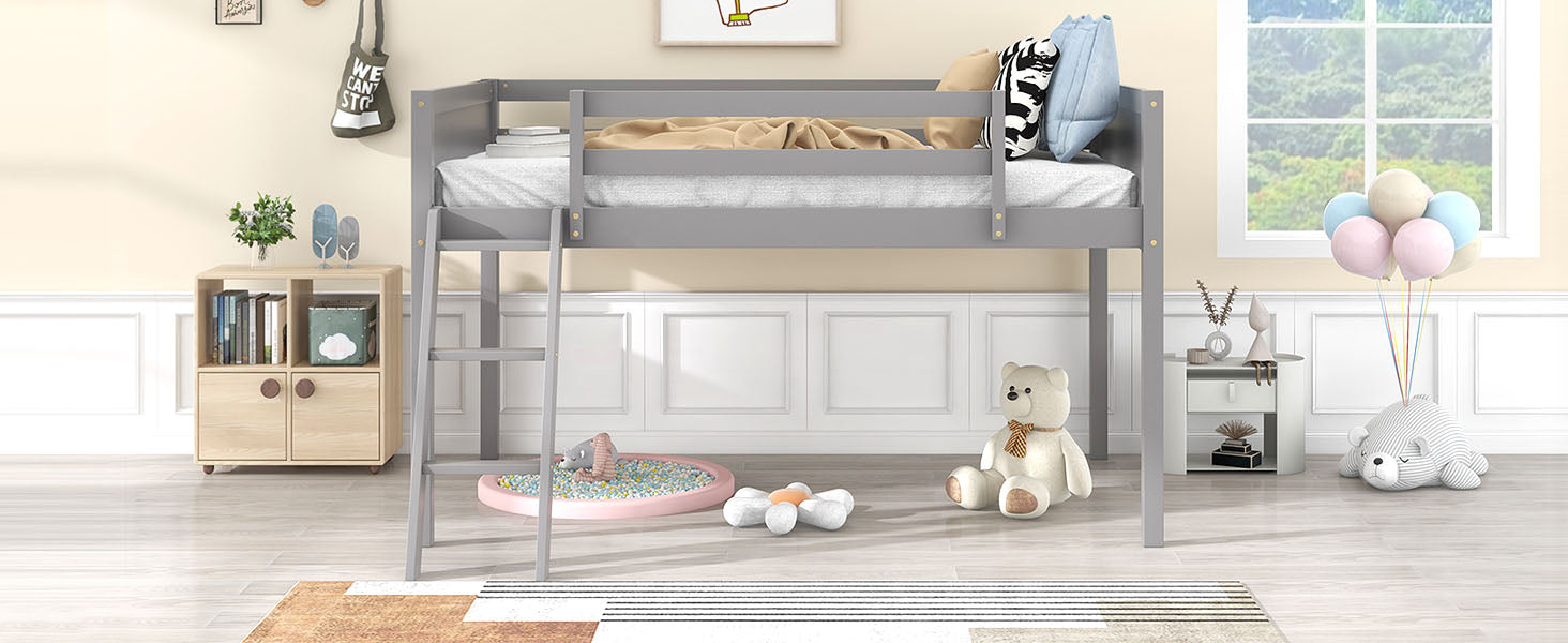 Twin Size Wood Low Loft Bed with Ladder