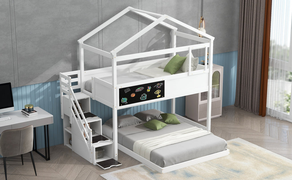 Twin Over Full House Bunk Bed with Storage Staircase