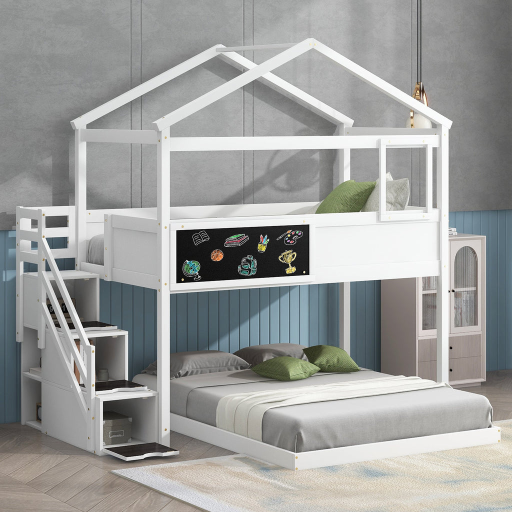 Twin Over Full House Bunk Bed with Storage Staircase