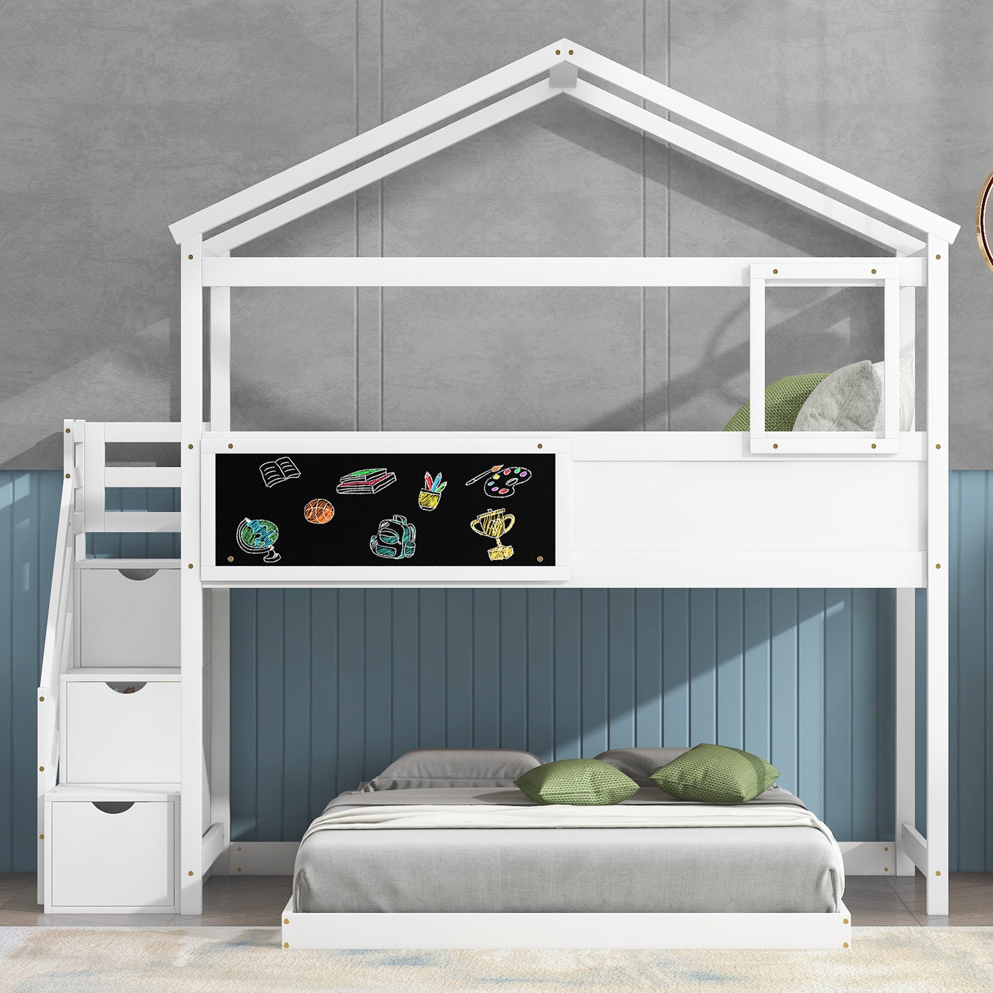 Twin Over Full House Bunk Bed with Storage Staircase