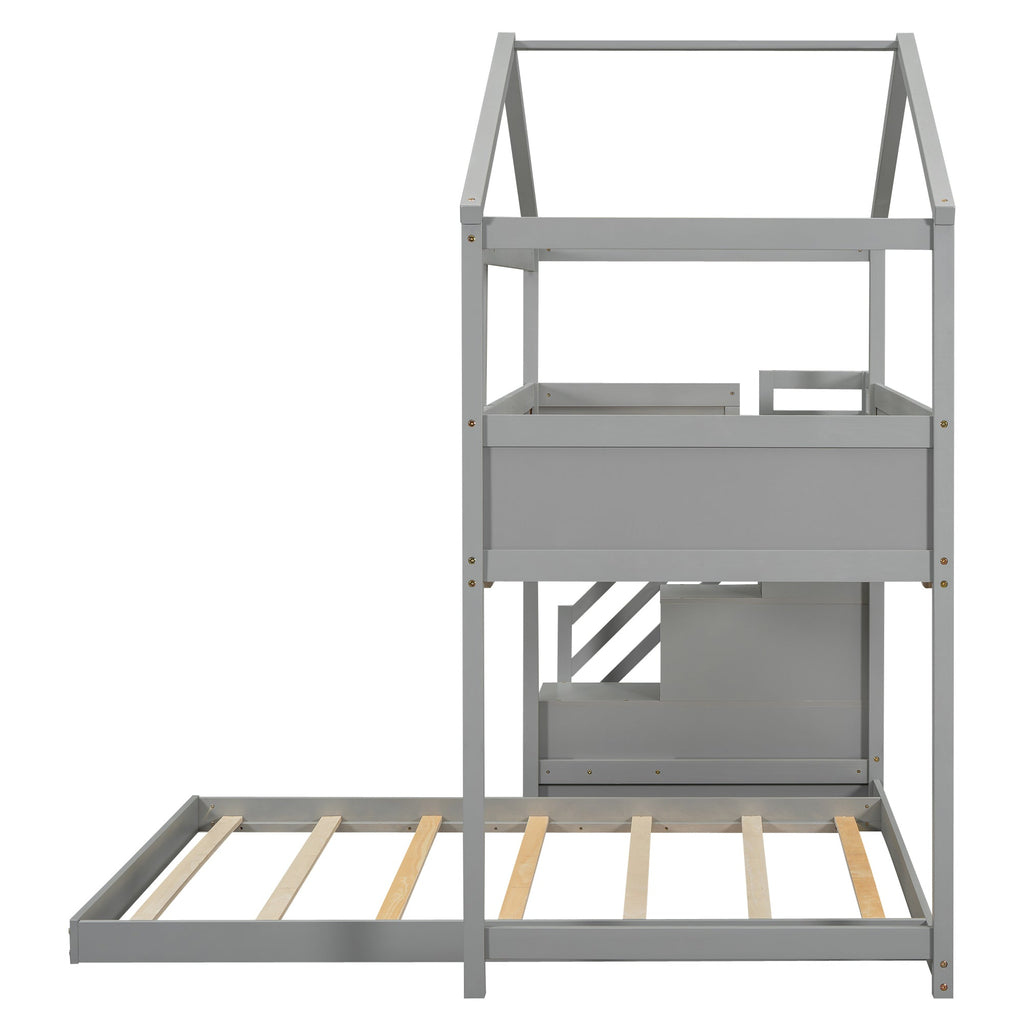 Twin Over Full House Bunk Bed with Storage Staircase