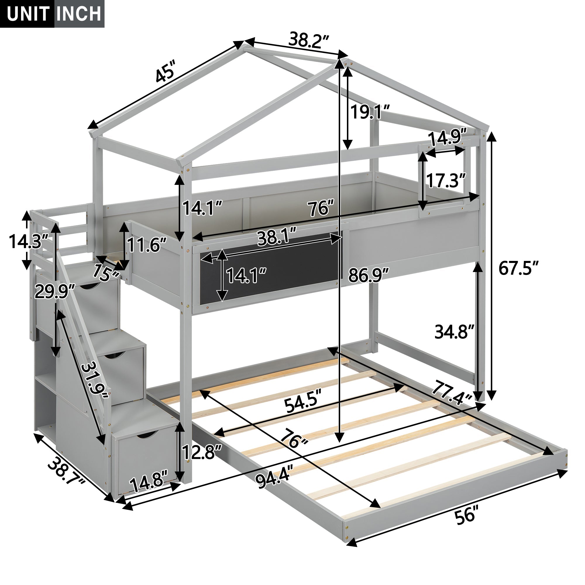 Twin Over Full House Bunk Bed with Storage Staircase