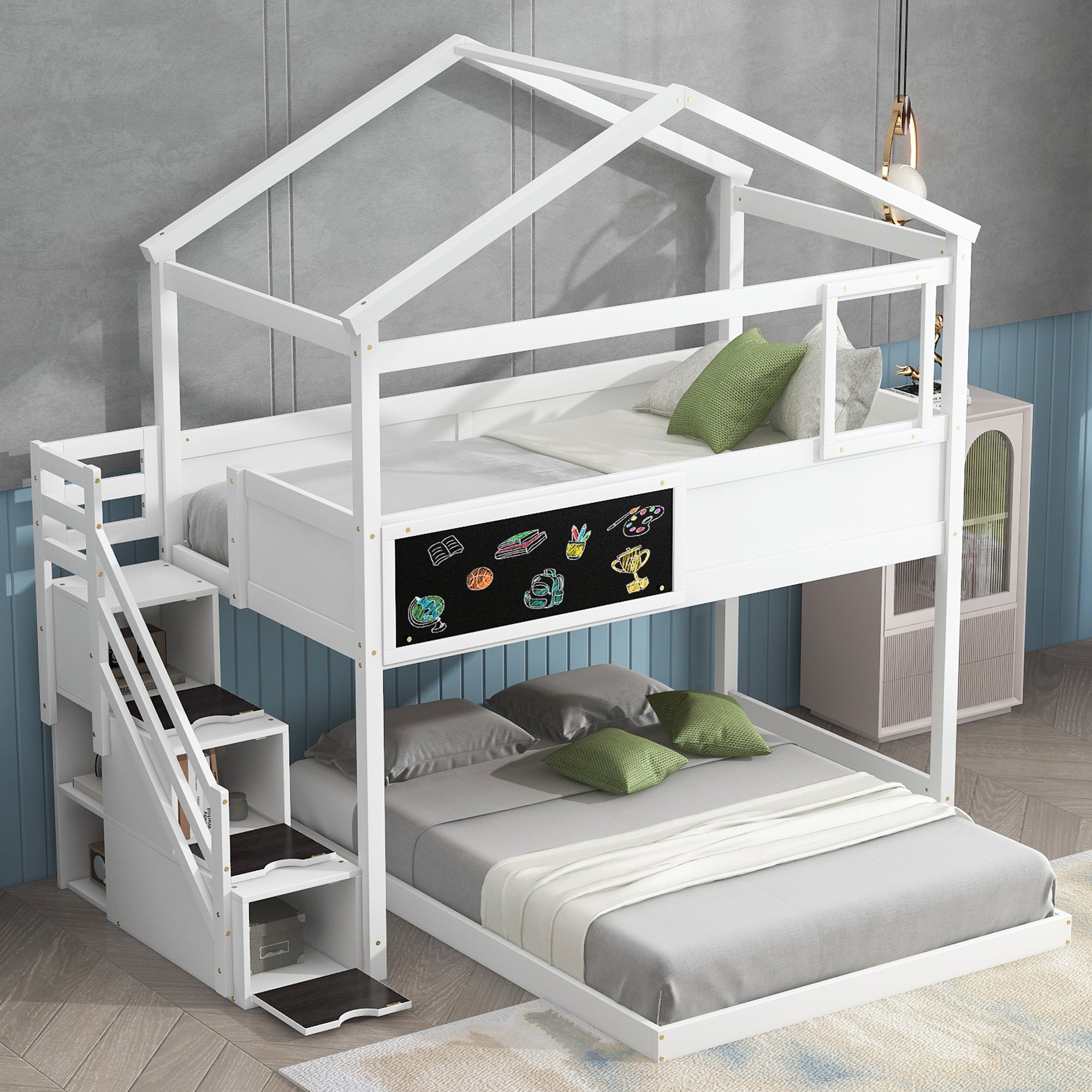 Twin Over Full House Bunk Bed with Storage Staircase