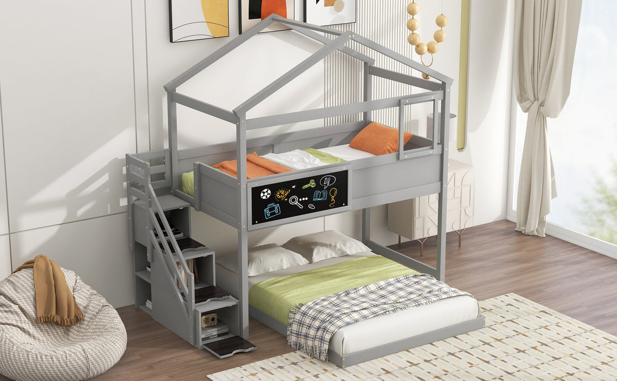 Twin Over Full House Bunk Bed with Storage Staircase