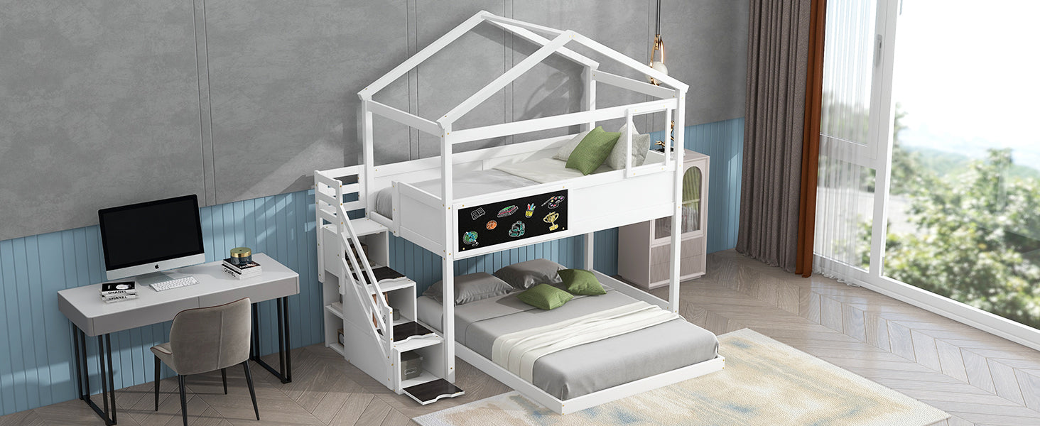 Twin Over Full House Bunk Bed with Storage Staircase