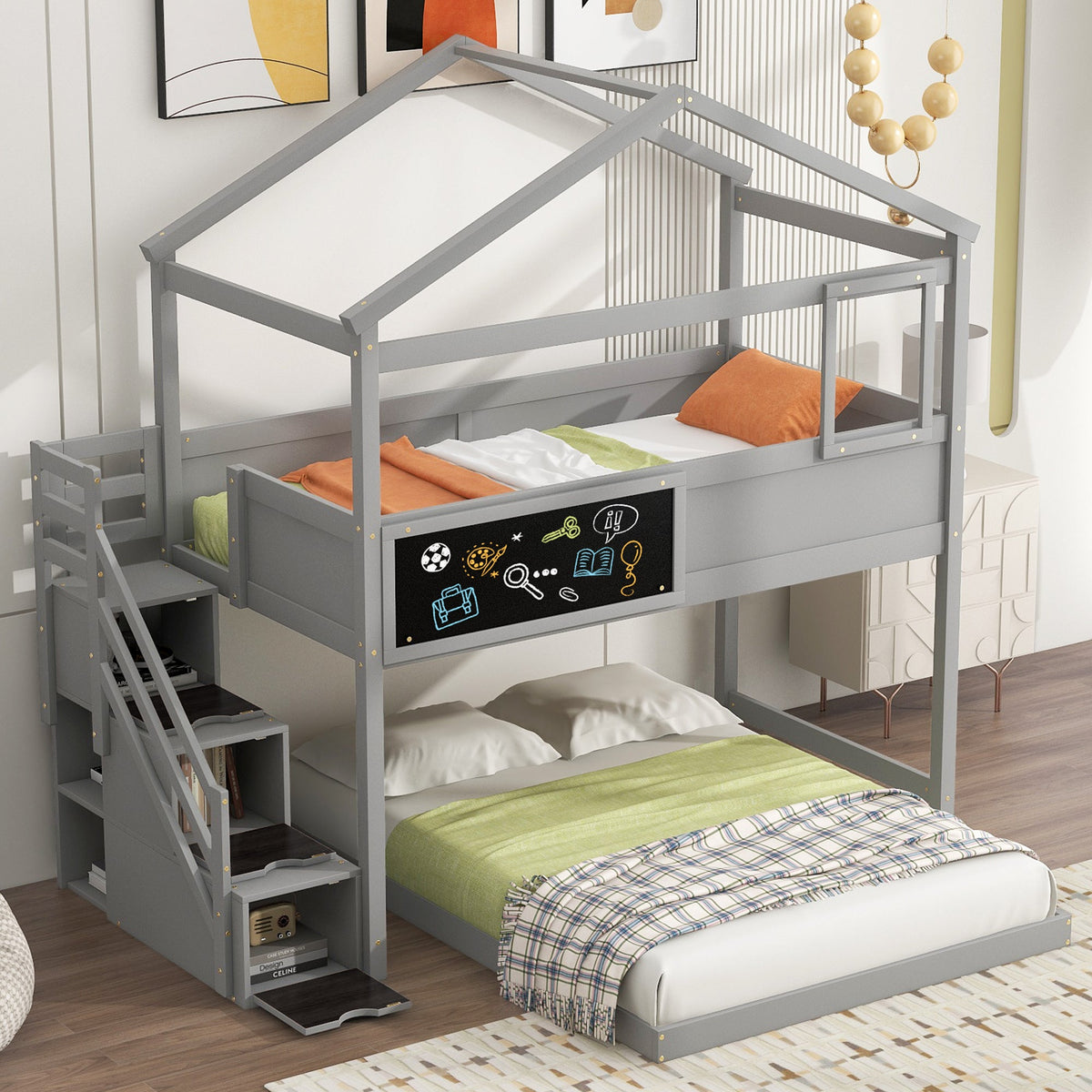 Twin Over Full House Bunk Bed with Storage Staircase
