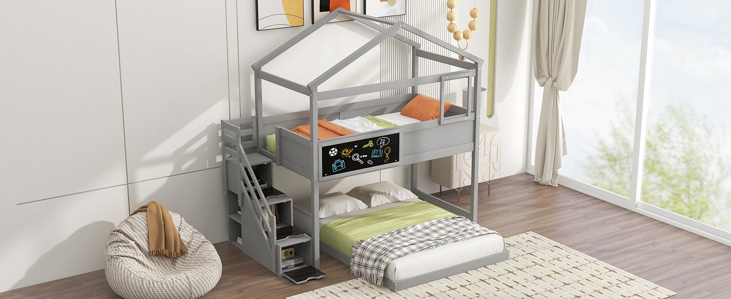Twin Over Full House Bunk Bed with Storage Staircase