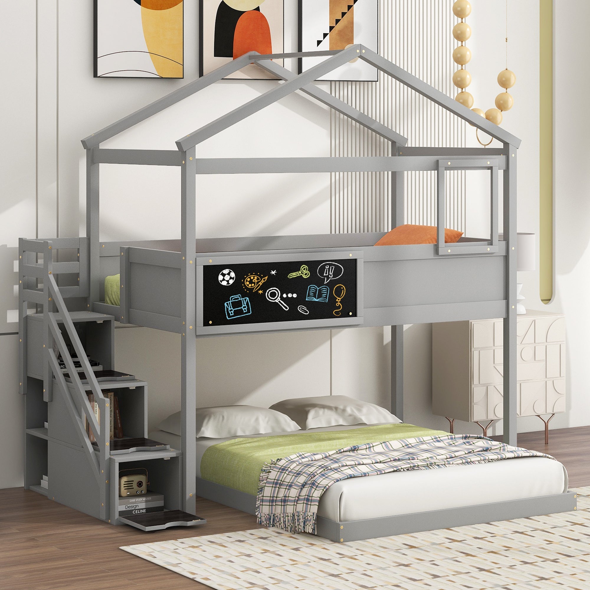 Twin Over Full House Bunk Bed with Storage Staircase