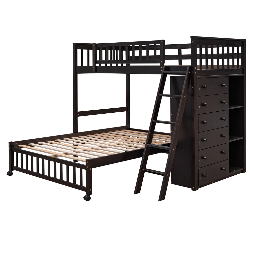 Wooden Twin Over Full Bunk Bed With Six Drawers