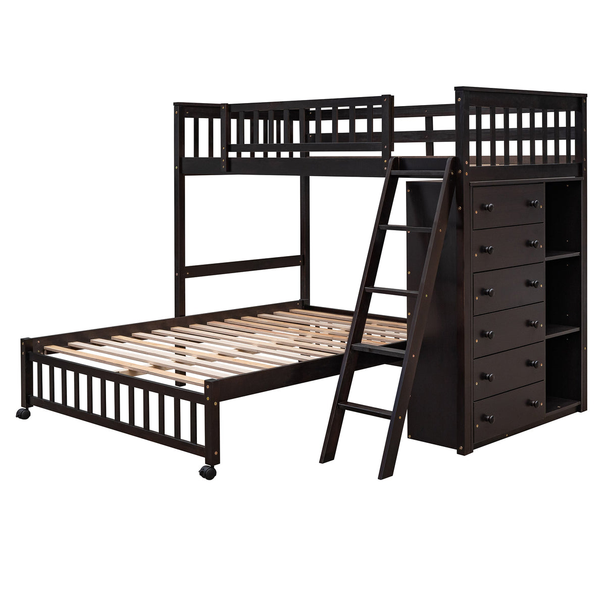 Wooden Twin Over Full Bunk Bed With Six Drawers