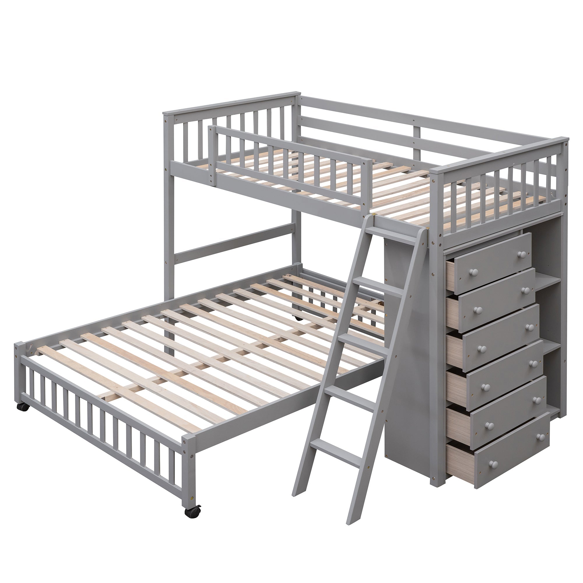 Wooden Twin Over Full Bunk Bed with Six Drawers and Flexible Shelves