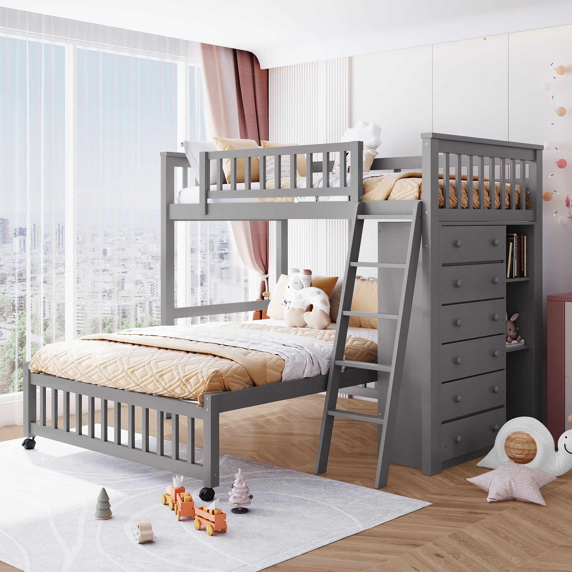 Wooden Twin Over Full Bunk Bed with Six Drawers and Flexible Shelves