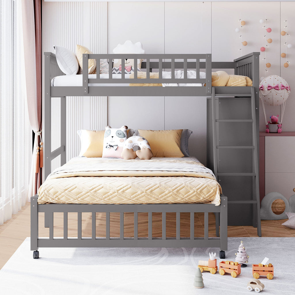 Wooden Twin Over Full Bunk Bed with Six Drawers and Flexible Shelves