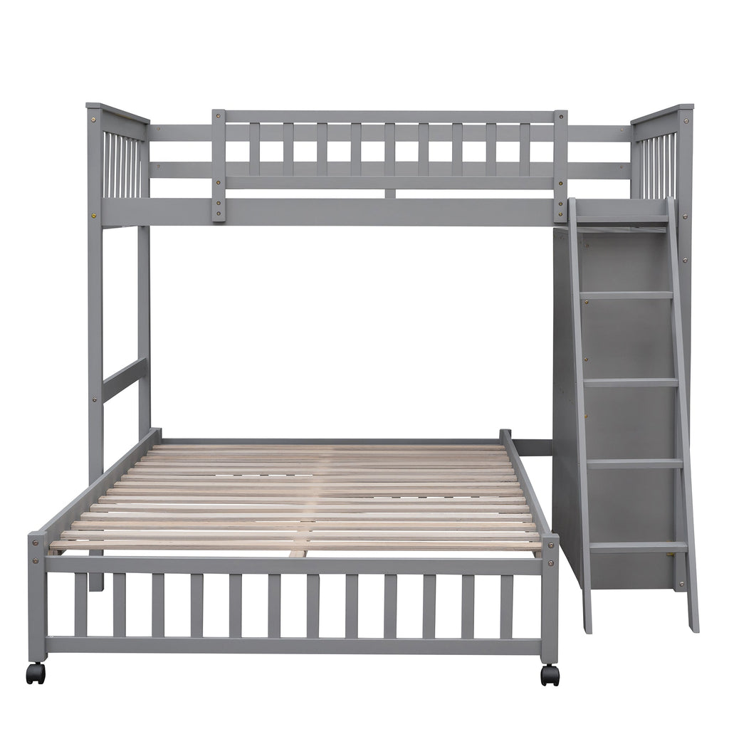 Wooden Twin Over Full Bunk Bed with Six Drawers and Flexible Shelves