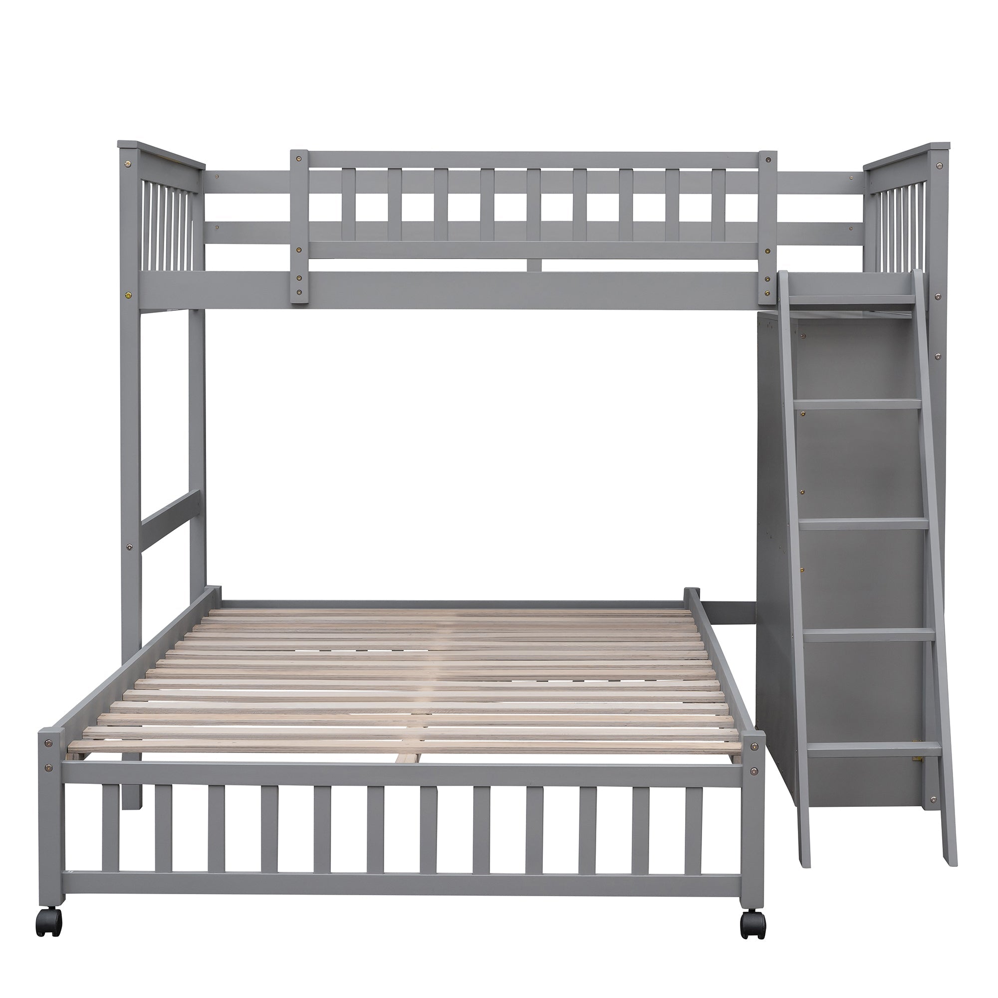 Wooden Twin Over Full Bunk Bed with Six Drawers and Flexible Shelves