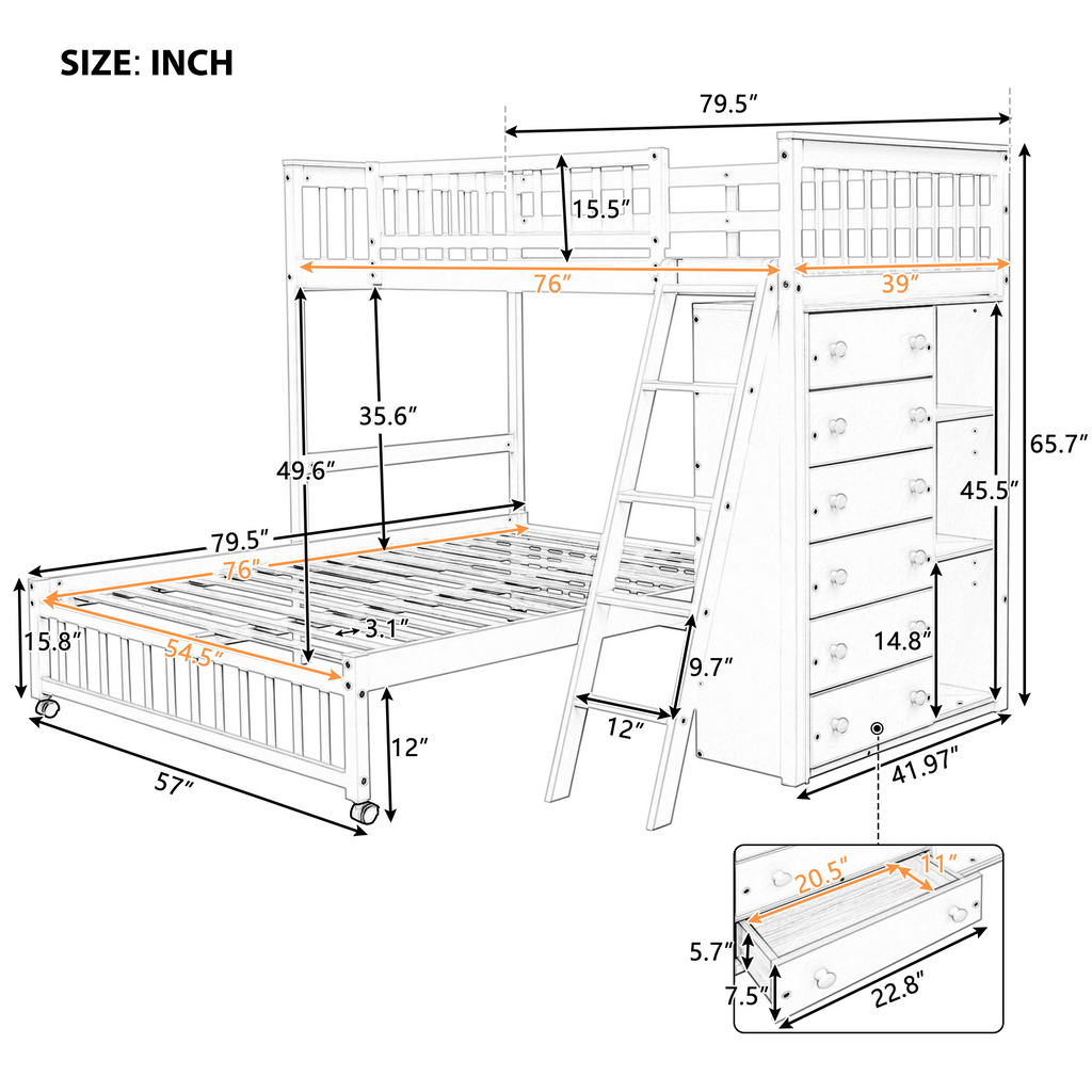 Wooden Twin Over Full Bunk Bed with Six Drawers and Flexible Shelves