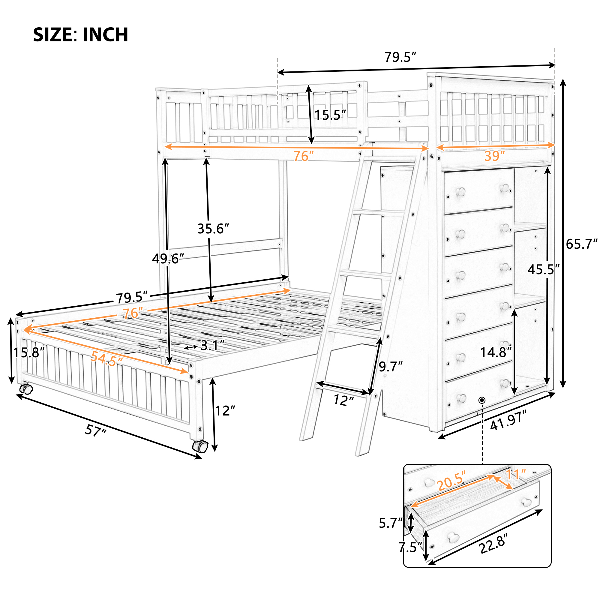 Wooden Twin Over Full Bunk Bed with Six Drawers and Flexible Shelves