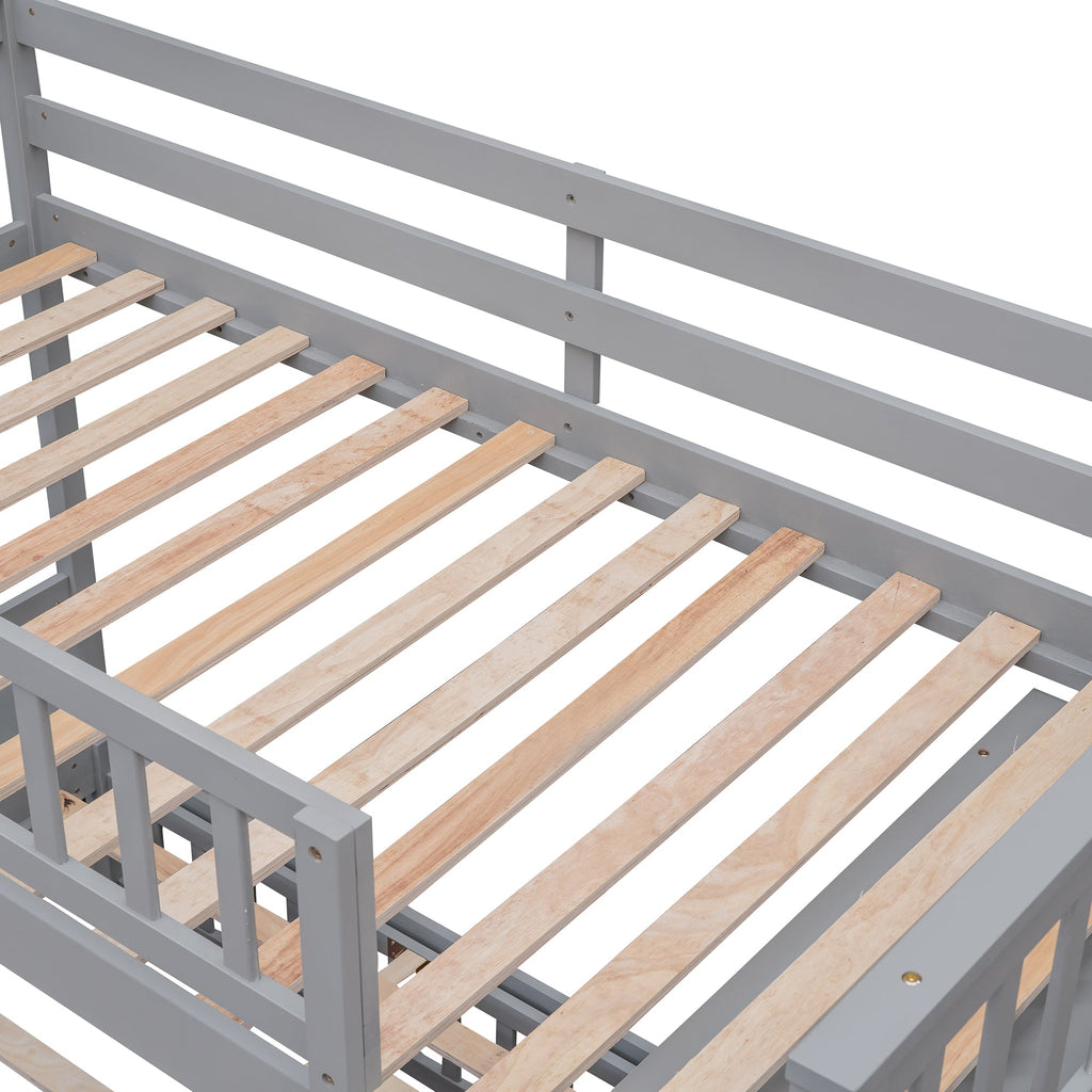 Wooden Twin Over Full Bunk Bed with Six Drawers and Flexible Shelves