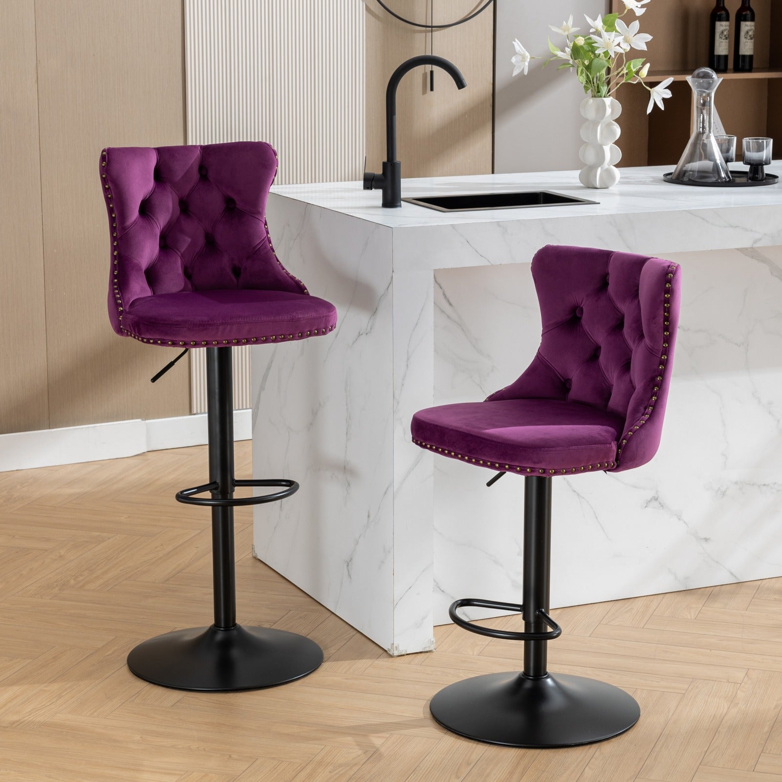 Swivel Velvet Barstools with Adjustable Seat Height