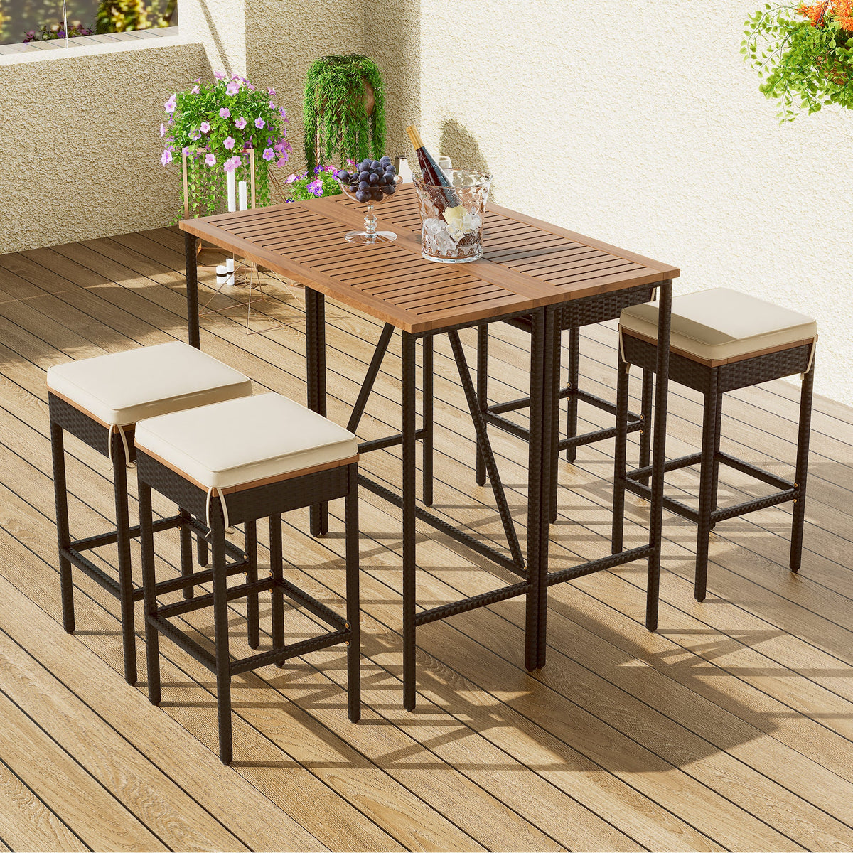 GO 5-Piece Outdoor Acacia Wood Bar Height Table And Stools Set