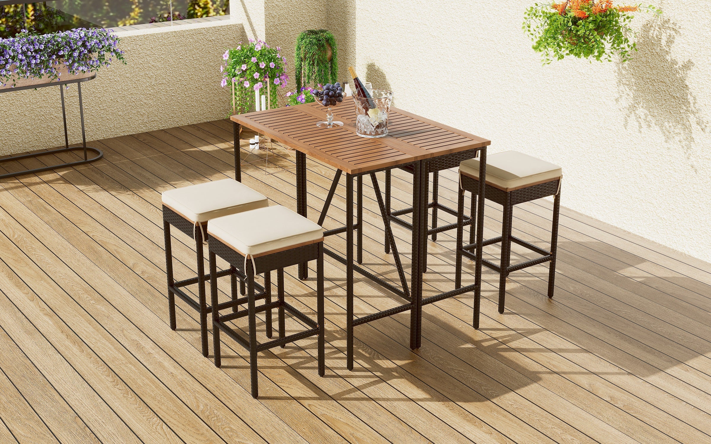 GO 5-Piece Outdoor Acacia Wood Bar Height Table And Stools Set