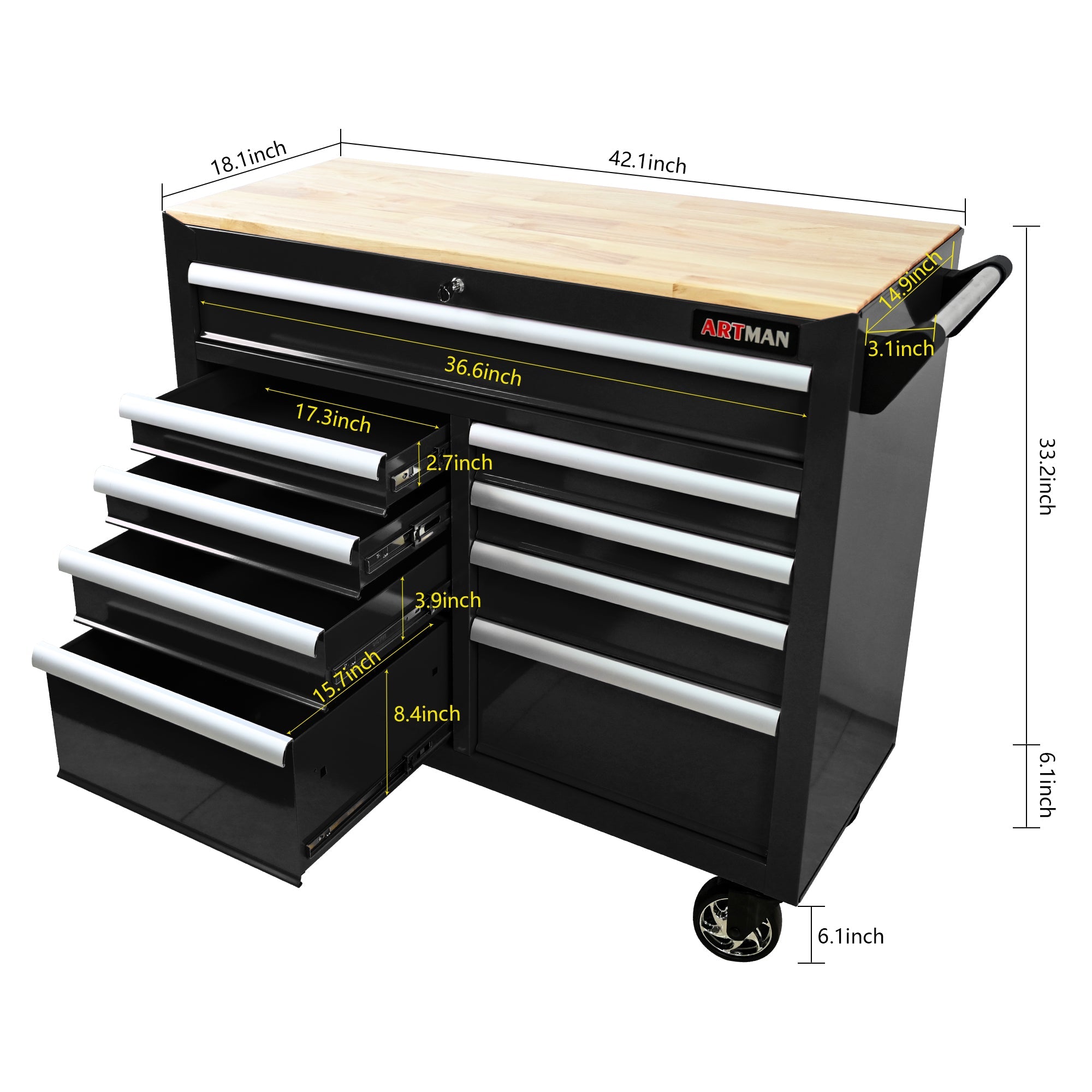 9 Drawers Multifunctional Tool Cart with Wheels and Wooden Top