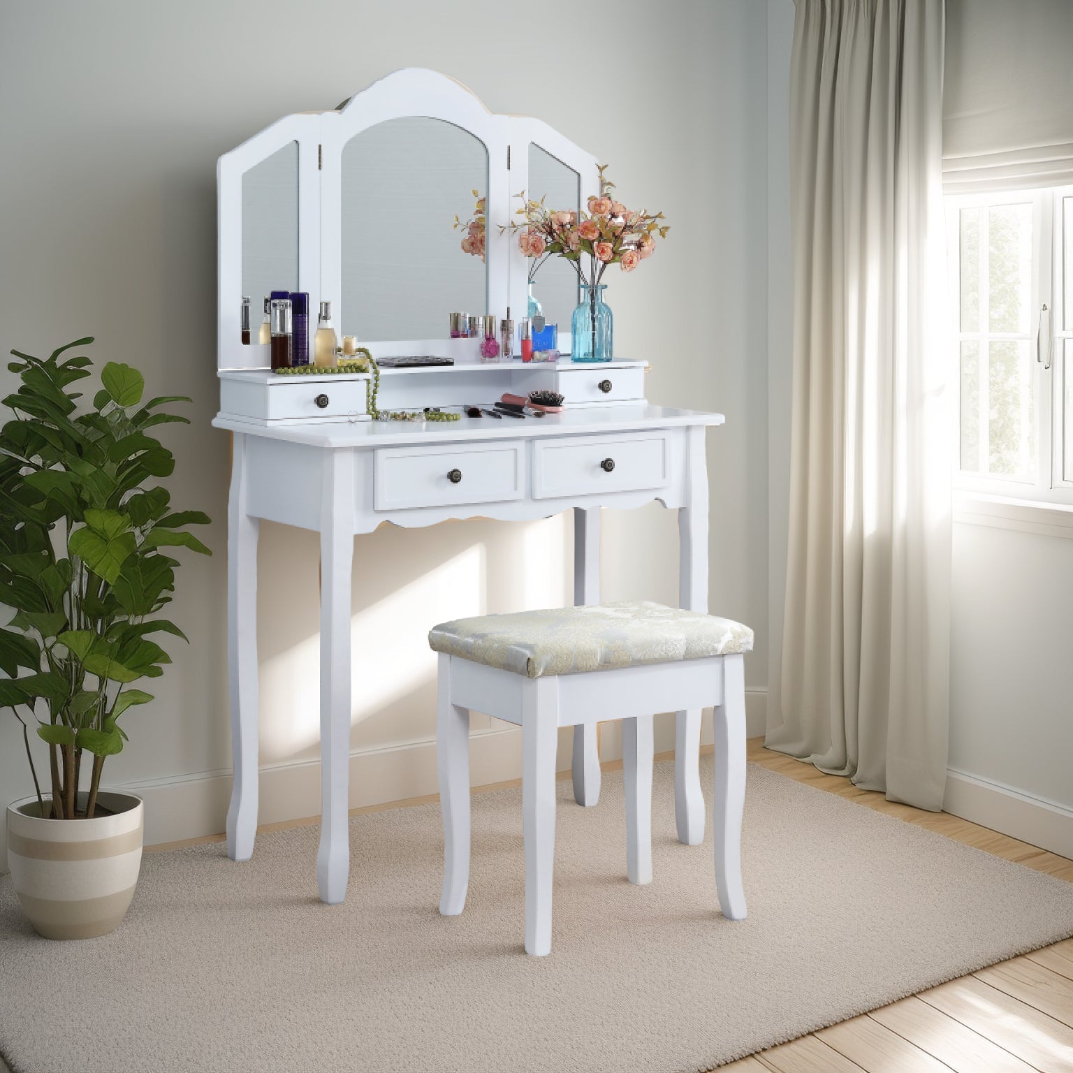 Sanlo Wooden Vanity Makeup Table and Stool Set