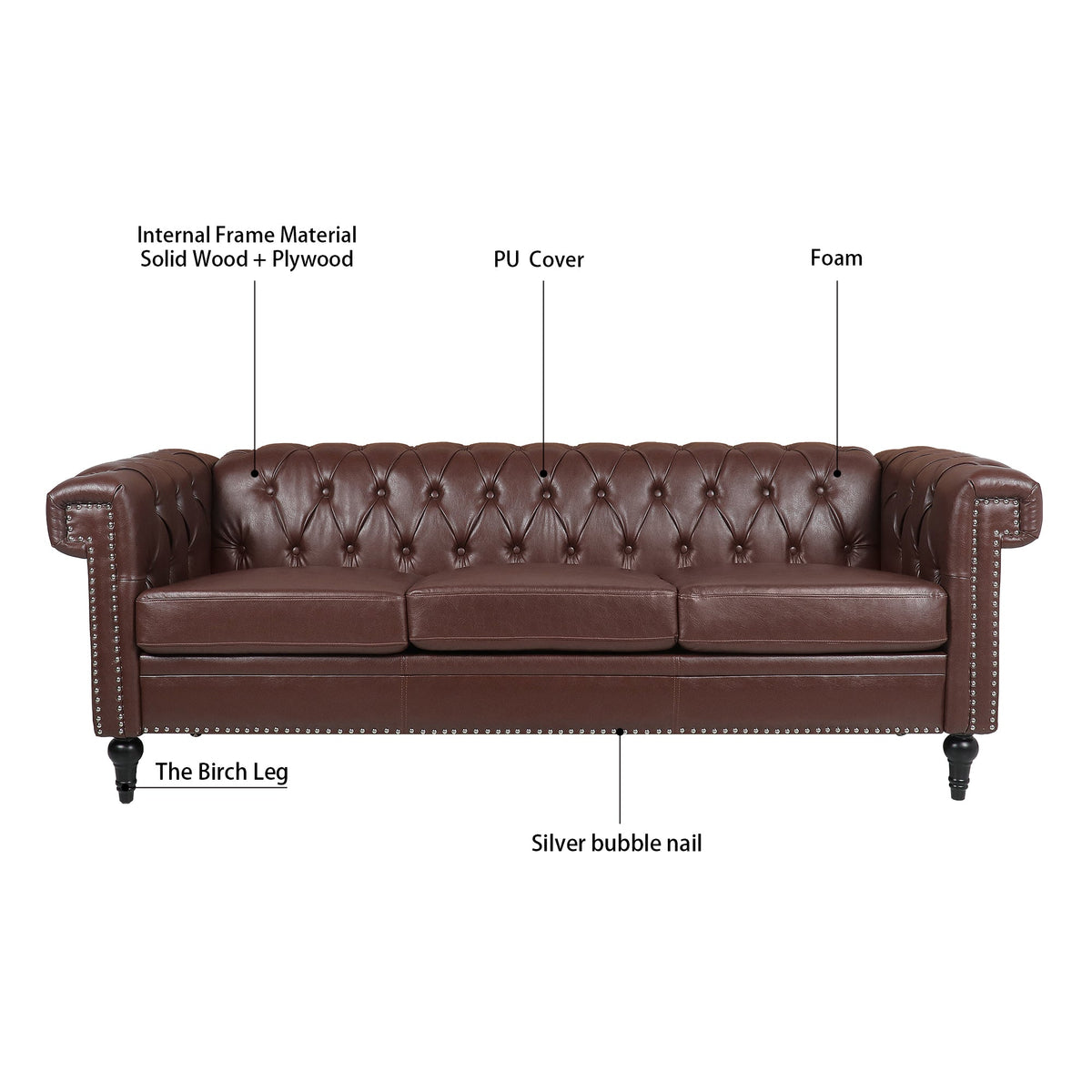 83.66 Inch Width Traditional Square Arm Removable Cushion 3-Seater Sofa