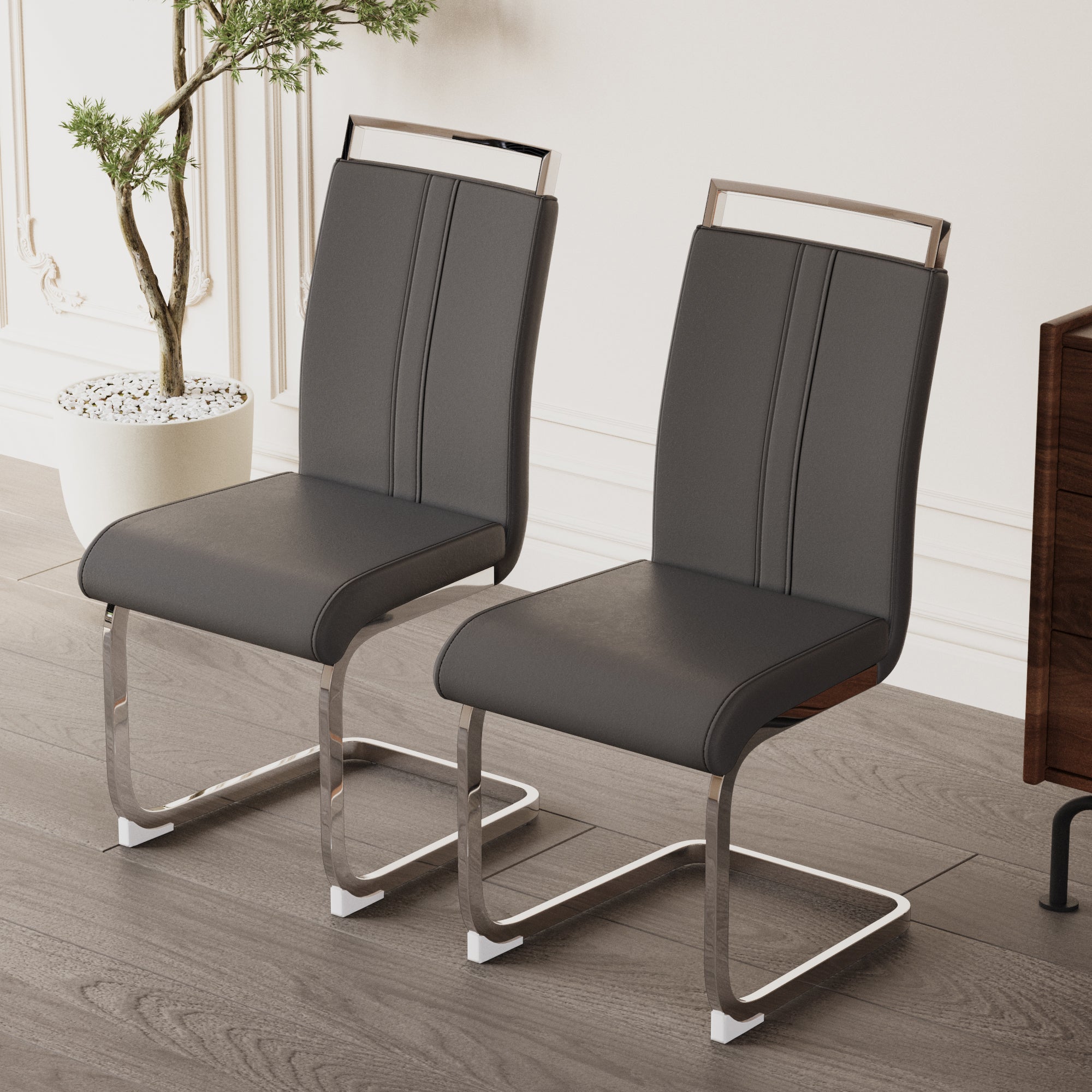 Modern PU Faux Leather High Back Dining Chairs - Set of 2