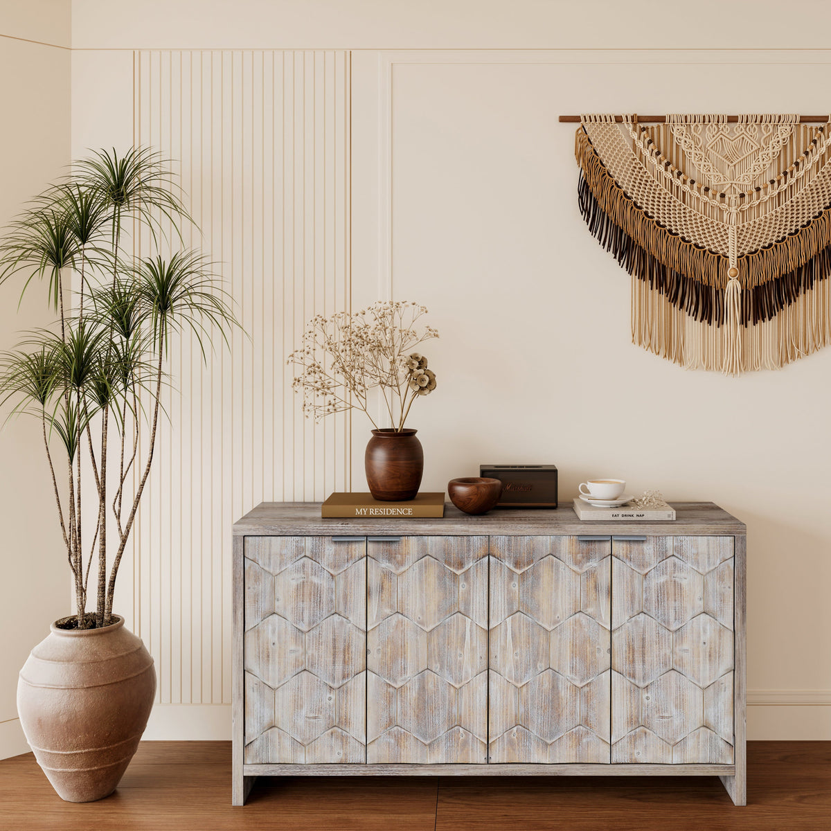 Farmhouse Style 4 Door Wooden Accent Cabinet