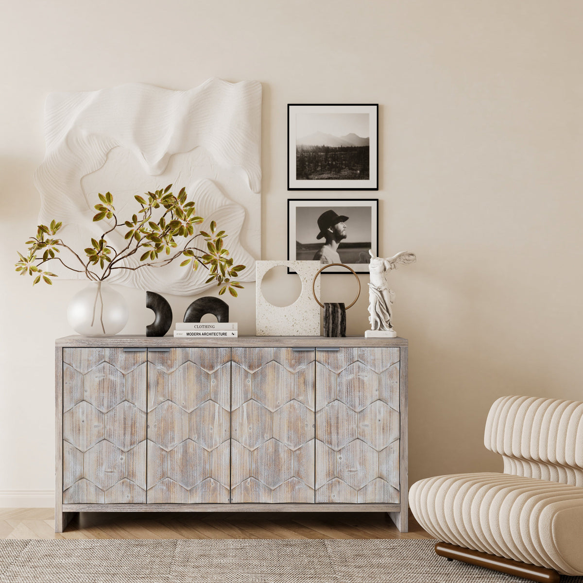 Farmhouse Style 4 Door Wooden Accent Cabinet