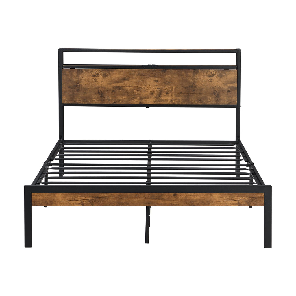 Full Size Metal Platform Bed Frame with Wooden Headboard