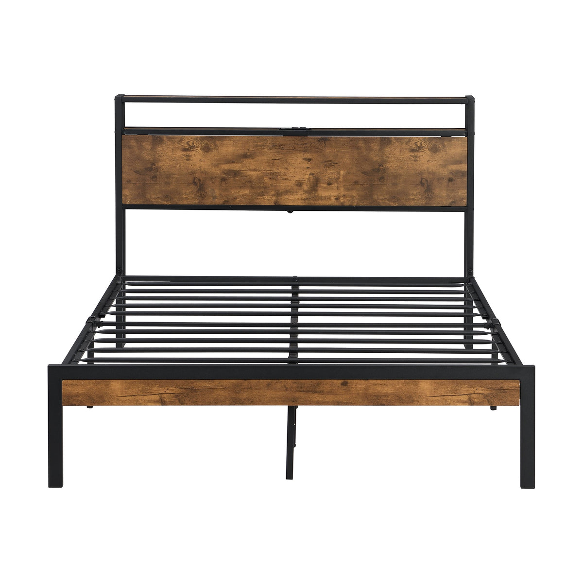 Full Size Metal Platform Bed Frame with Wooden Headboard