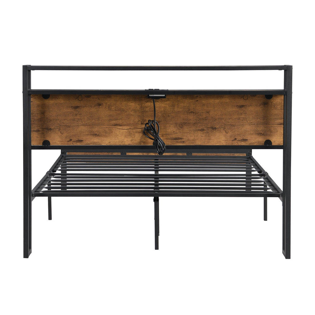Full Size Metal Platform Bed Frame with Wooden Headboard