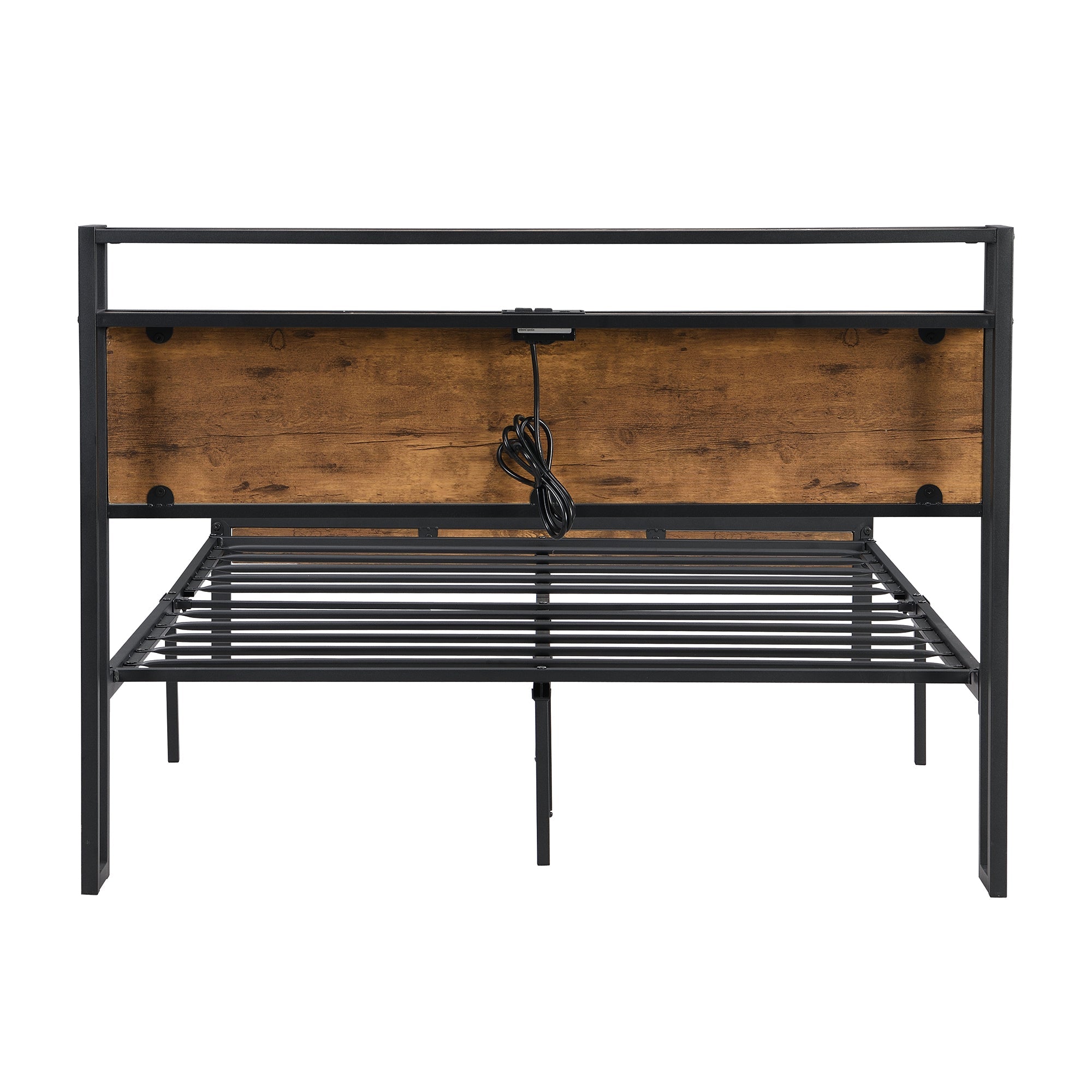Full Size Metal Platform Bed Frame with Wooden Headboard