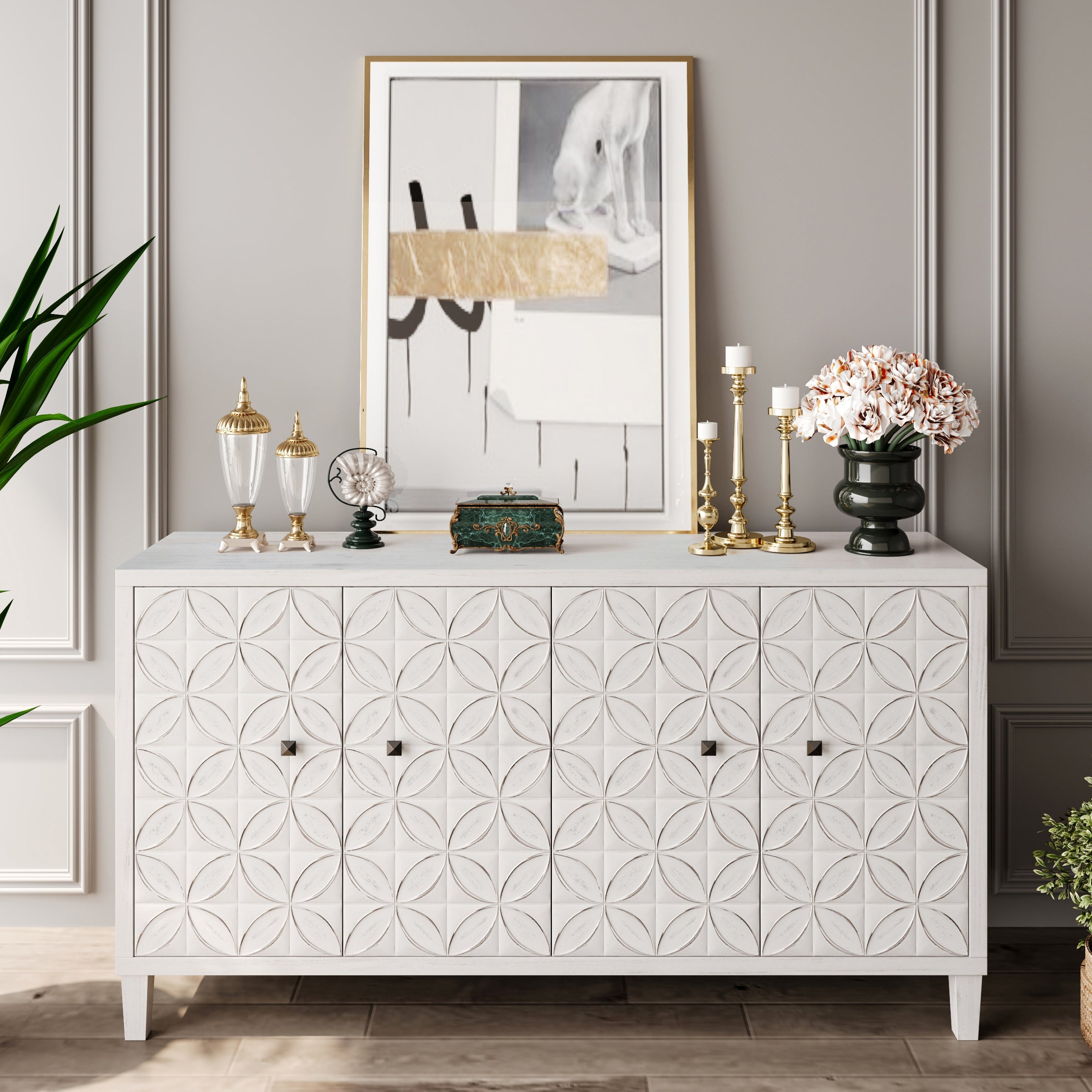 Accent Cabinet 4 Door Wooden Cabinet Sideboard Buffet Server