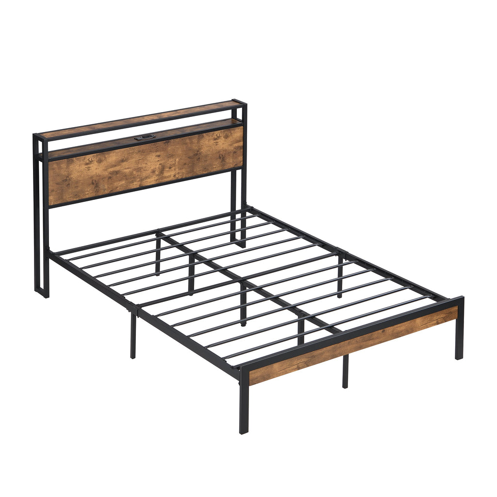 Full Size Metal Platform Bed Frame with Wooden Headboard
