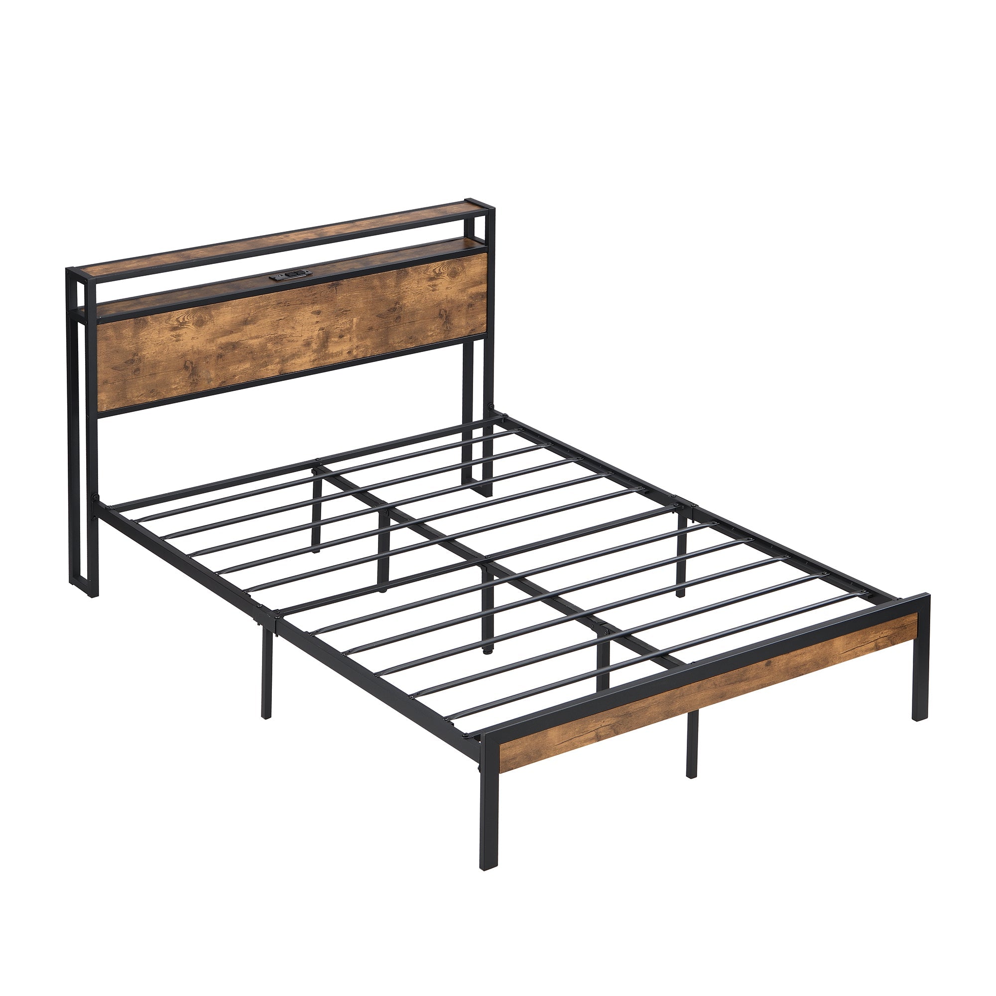 Full Size Metal Platform Bed Frame with Wooden Headboard