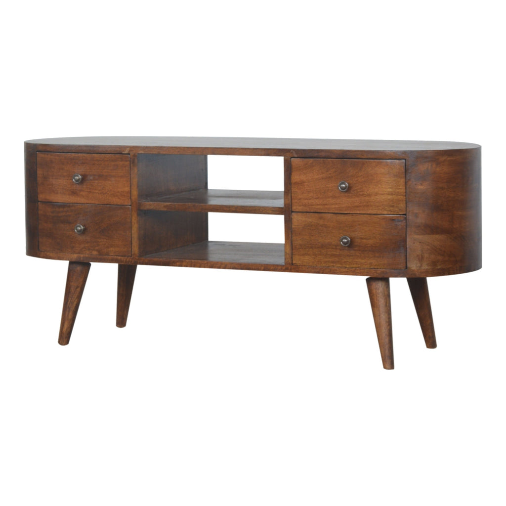 Chestnut Rounded Entertainment Unit, Nordic Legs, 4 Drawers, 2 Open Slot