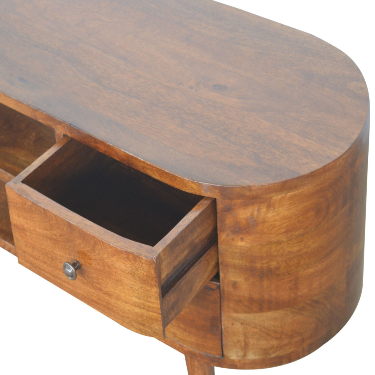 Chestnut Rounded Entertainment Unit, Nordic Legs, 4 Drawers, 2 Open Slot