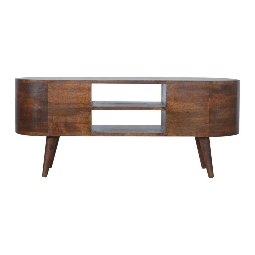 Chestnut Rounded Entertainment Unit, Nordic Legs, 4 Drawers, 2 Open Slot