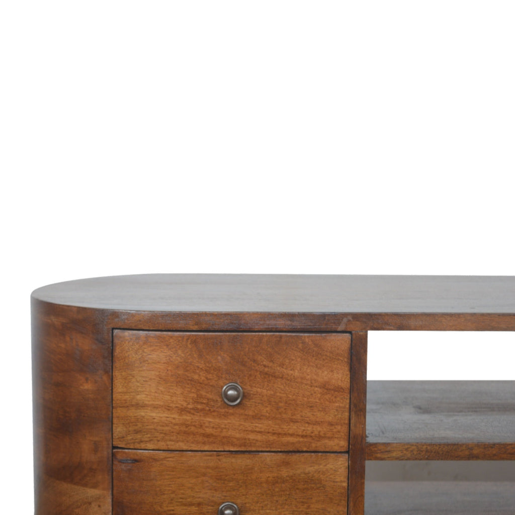 Chestnut Rounded Entertainment Unit, Nordic Legs, 4 Drawers, 2 Open Slot