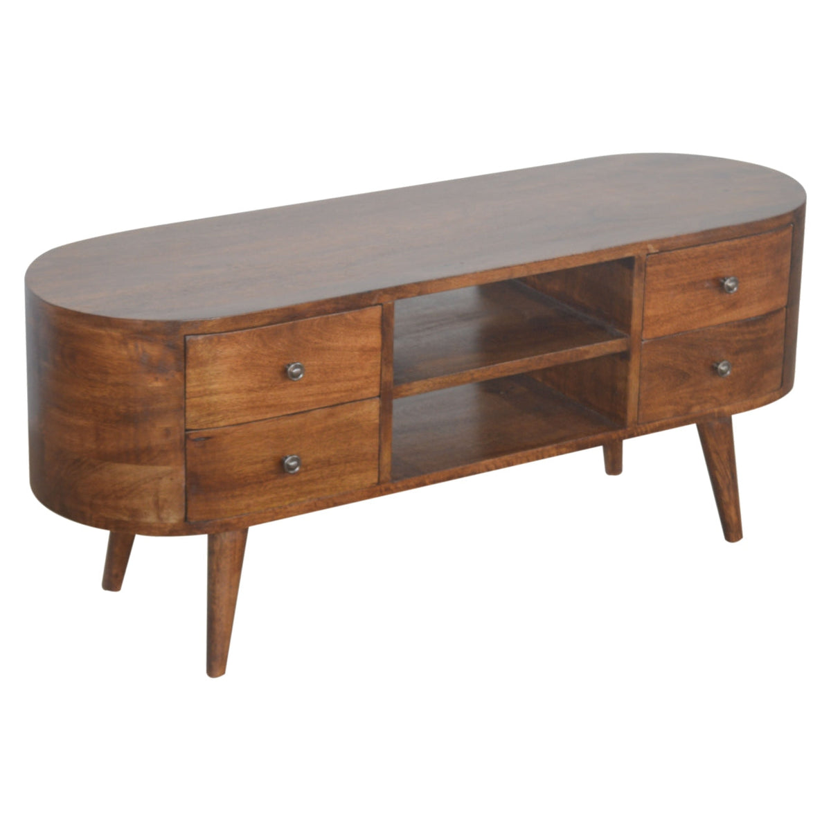 Chestnut Rounded Entertainment Unit, Nordic Legs, 4 Drawers, 2 Open Slot