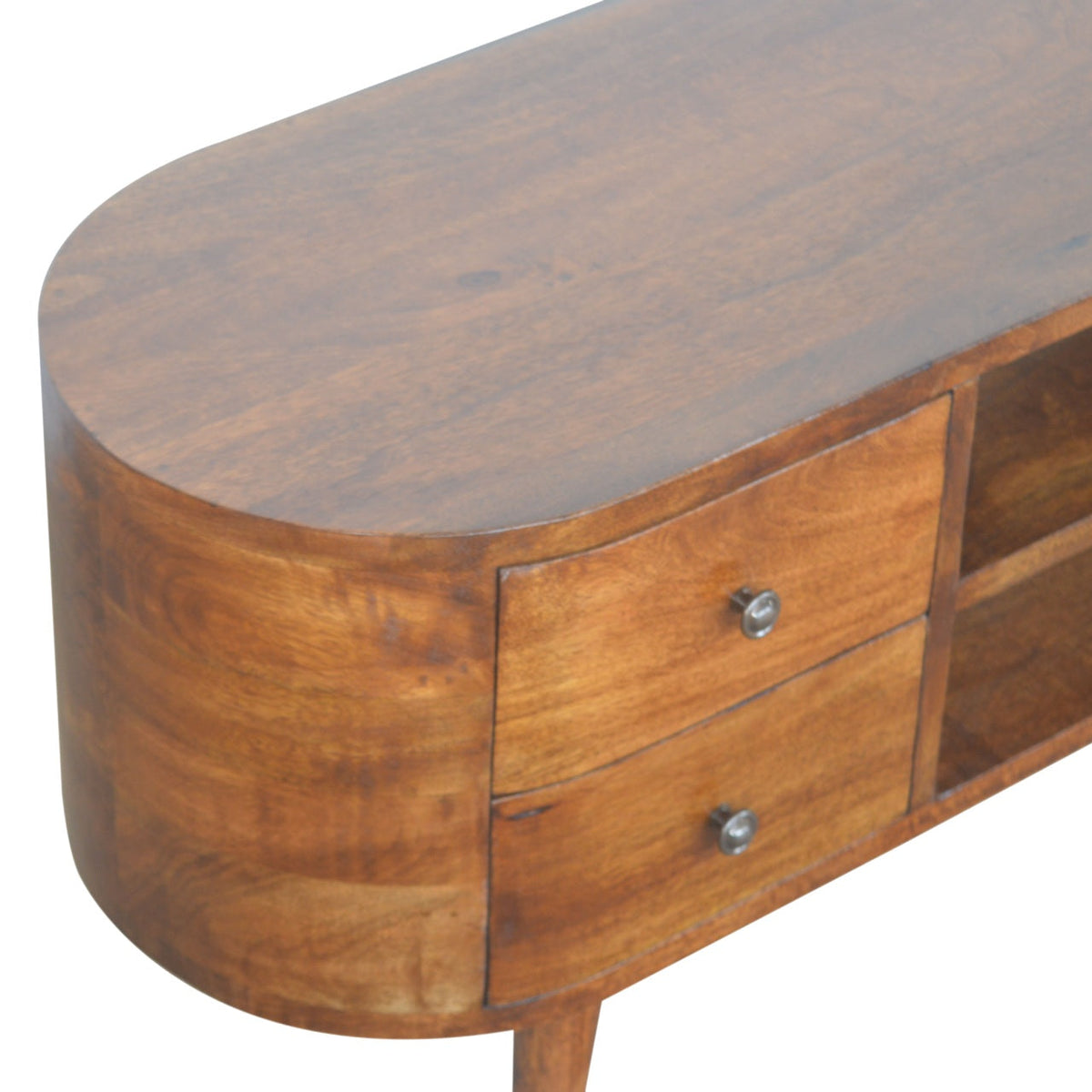 Chestnut Rounded Entertainment Unit, Nordic Legs, 4 Drawers, 2 Open Slot